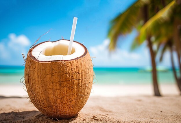 Cóctel de coco tropical fresco con paja en playa blanca con océano azul y palmeras en la espalda