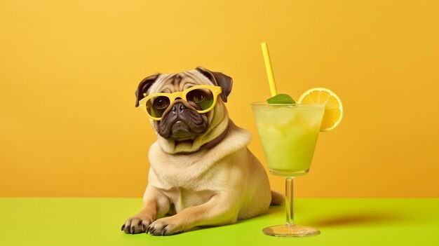 Cóctel consumido por un adorable perro con gafas de sol GENERAR IA