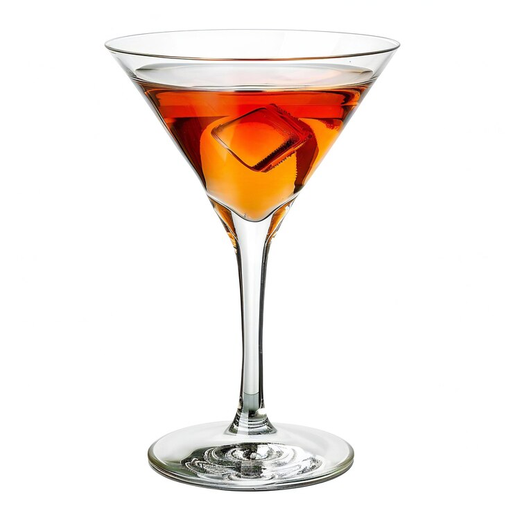 Cóctel en una copa de martini con cubos de hielo aislados sobre un fondo blanco