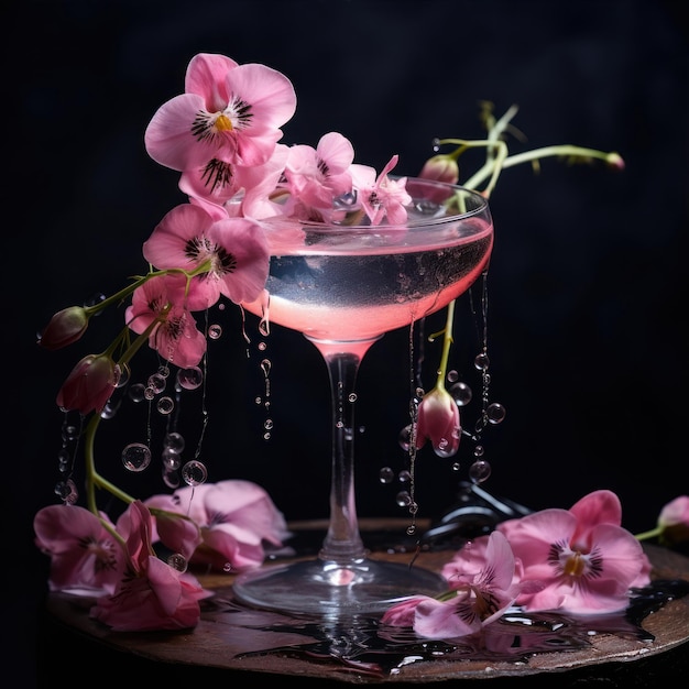 Cóctel en una copa de martini con flores de orquídea rosadas en un fondo oscuro