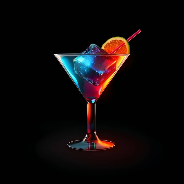 Cóctel en una copa de martini sobre un fondo negro renderización en 3D