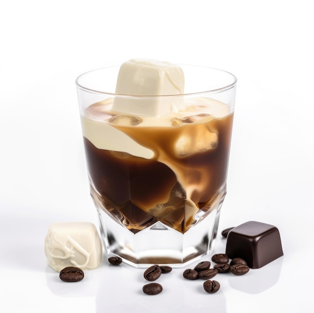 Cóctel con crema de café y baileys y un chocolate dulce aislado sobre fondo blanco