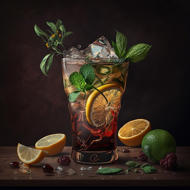 Cóctel cuba libre con limones y hojas de menta sobre una mesa