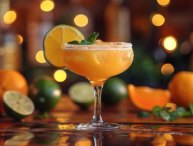 Foto cóctel de daiquiri de cítricos refrigerado con guarnición de lima y luces bokeh