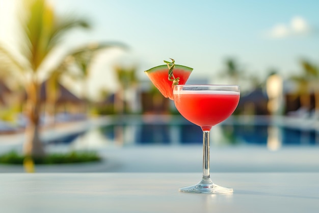 Cóctel de daiquiri rojo en un vaso sobre una superficie de hormigón blanco contra un hotel tropical de lujo