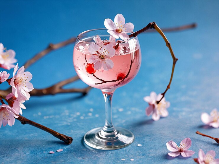Cóctel floral con flores de cerezo y bayas