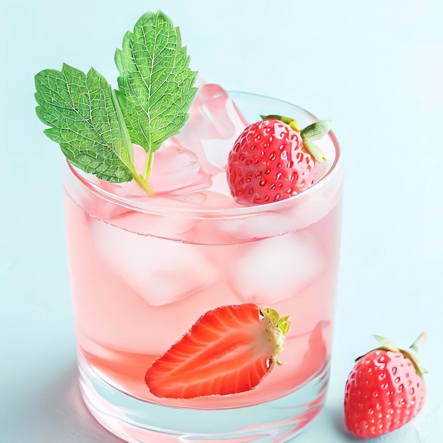 Cóctel de fresa fresca cóctel rosa de verano con fresas y cubitos de hielo en azul claro