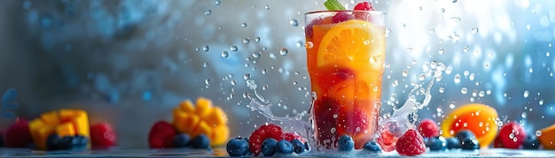 Cóctel de frutas con bayas frescas en un vaso alto rodeado de gotas de agua