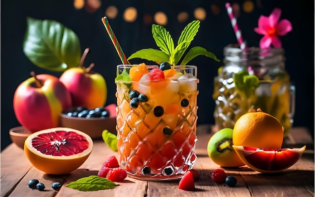 Un cóctel de frutas frescas en una mesa de madera para la celebración del verano