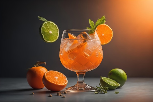 Cóctel de frutas con menta de limón naranja y hielo sobre fondo gris