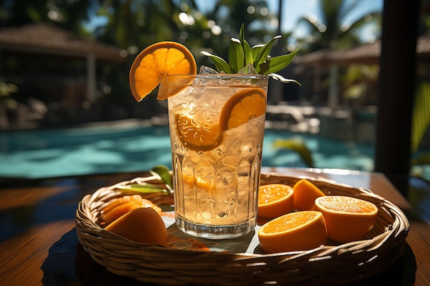 Cóctel de frutas tropicales en un resort con piscina y palmeras