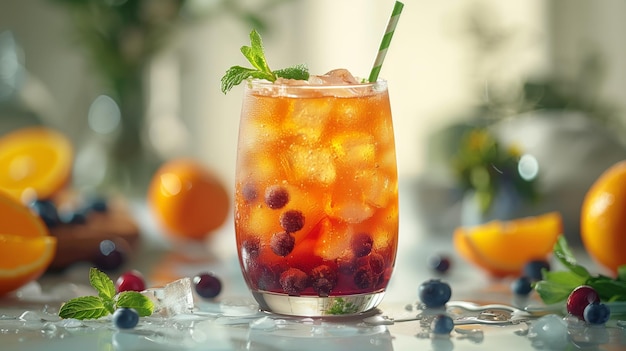 Foto cóctel de frutas tropicales de verano con bayas frambuesa frambuesa y hielo diseño de bebidas frías