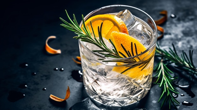 cóctel gin tonic con hielo de romero y naranja en un