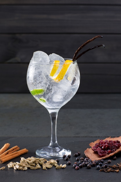 Cóctel de Gin Tonic con hielo vainilla lima y variadas especias.