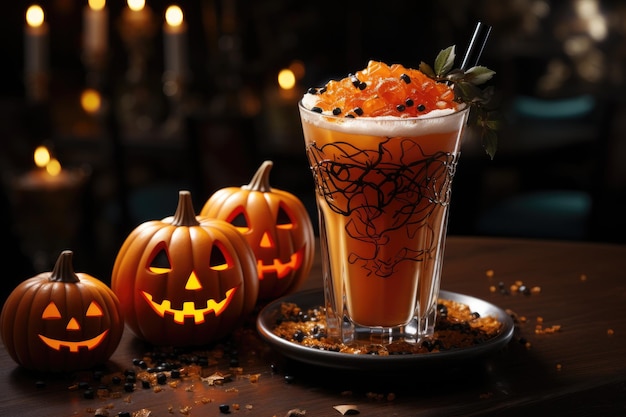 Cóctel de Halloween de naranja y calabazas sobre fondo oscuro Bebida festiva Contenido generativo de IA
