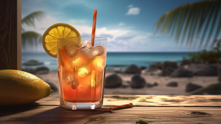 Cóctel con hielo y limón en la playa de arena contra el cielo azul generativo ai