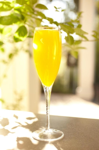 Foto cóctel de jugo de naranja mimosa en copa de champán