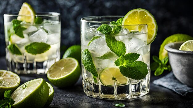 Foto coctel de limonada o mojito con limón y menta bebida refrescante fría o bebida con hielo