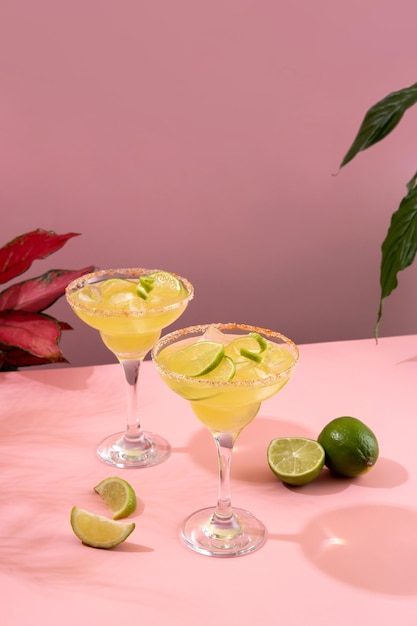 Cóctel Margarita Concepto de bebidas clásicas Bebidas refrescantes y coloridas de verano sobre fondo rosa con hoja de palma de sombra Menú de bebidas del bar