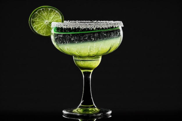 Foto cóctel margarita con lima y menta sobre tequila de fondo oscuro con lima