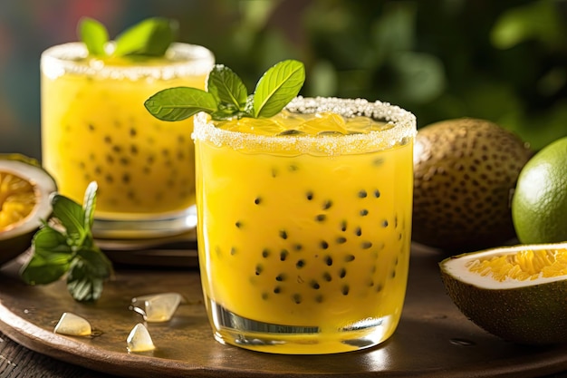 Foto cóctel margarita de maracuyá una exquisita bebida tropical con una explosión de sabor en contraste