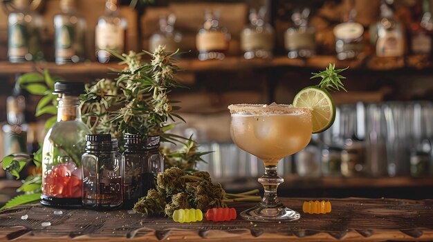 Cóctel de martini de cannabis con hielo triturado y lima en una mesa de madera Ilustraciones generativas de IA