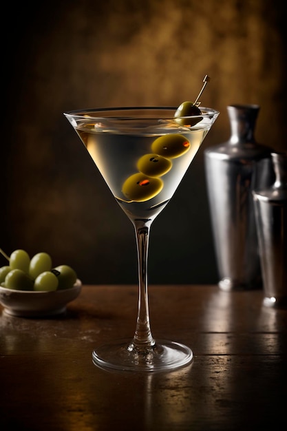 Cóctel de martini frío en una barra larga con aceitunas IA generativa