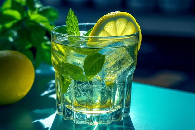 Cóctel con menta limón y hielo sobre un fondo azul.