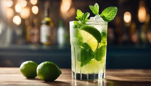 cóctel de mojito adornado con hojas de menta en un vaso lleno