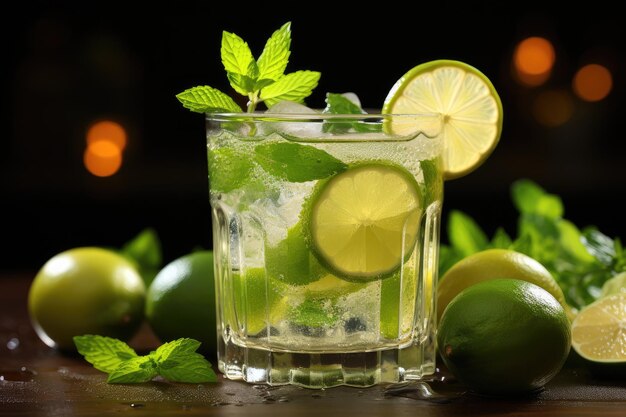 Cóctel de mojito fresco y refrescante Un cóctel de hojas de lima y menta Una copa de cóctel de verano con