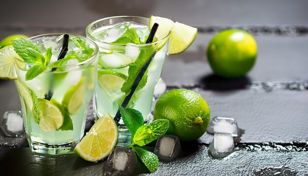 Cóctel de mojito frío con cubitos de hielo de lima y ron y menta