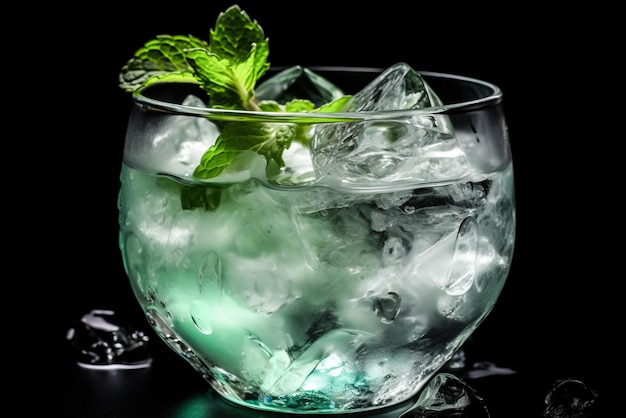 Cóctel mojito con hielo y menta sobre un fondo negro IA generativa