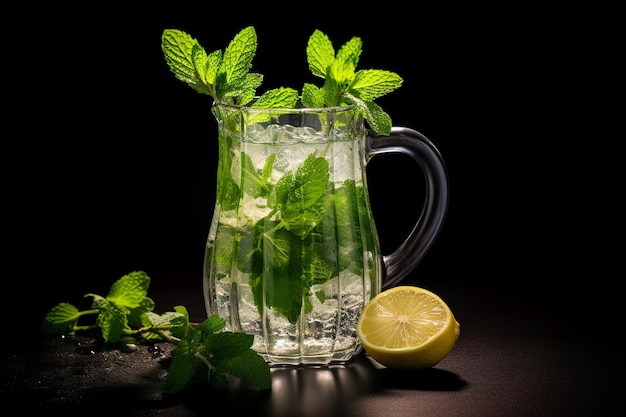 Cóctel de mojito con lima y hielo en una jarra sobre un fondo oscuro