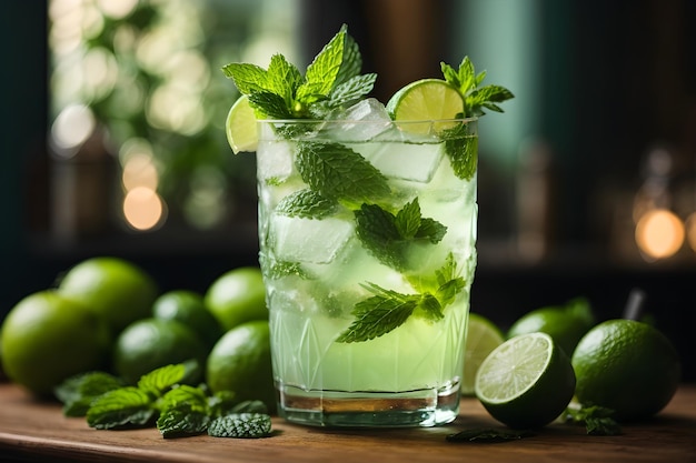 Cóctel de mojito con lima y menta.