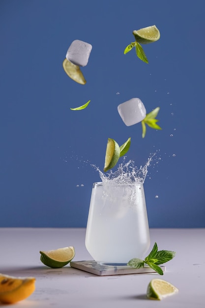 Cóctel de mojito con lima, Refrescante cóctel de mojito de verano con cubitos de hielo, menta fresca y lima en