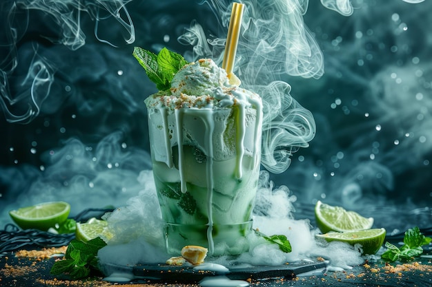 Coctel de Mojito de menta fresco con efecto de humo en fondo oscuro con cuñas de cal y caña de azúcar