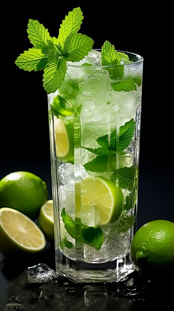 Cóctel de mojito con menta de lima y hielo sobre fondo negro Concepto refrescante de bebida de verano