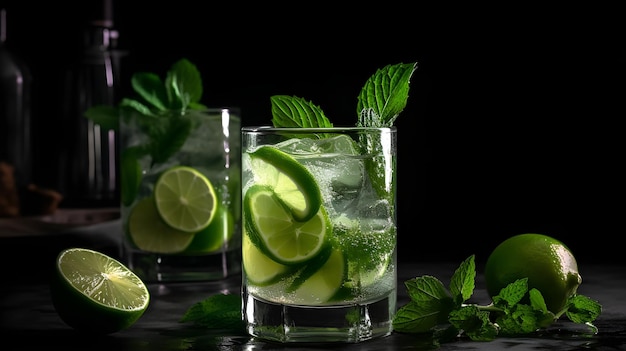 Cóctel mojito con menta lima y hielo sobre mesa de madera