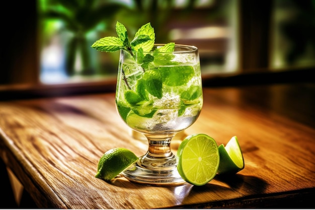 Cóctel de mojito con menta de limón y hielo sobre fondo azul