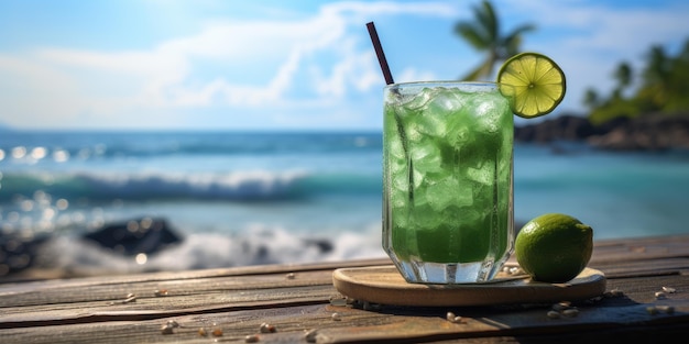 Cóctel de mojito en la playa Cóctel verde con hielo Foto de alta calidad IA generativa