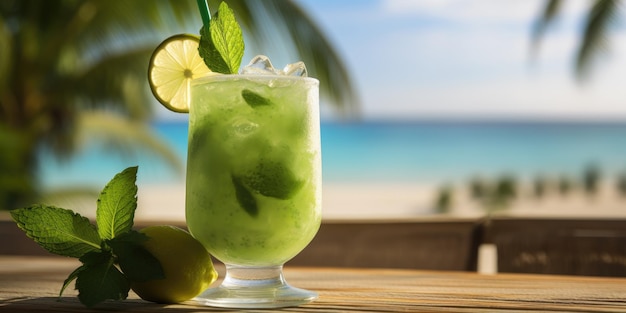 Cóctel de mojito en la playa Cóctel verde con hielo Foto de alta calidad IA generativa