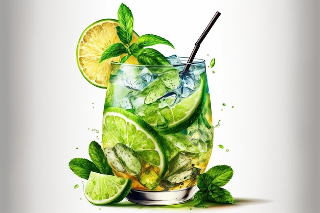 Cóctel en un mojito sobre un fondo blanco.