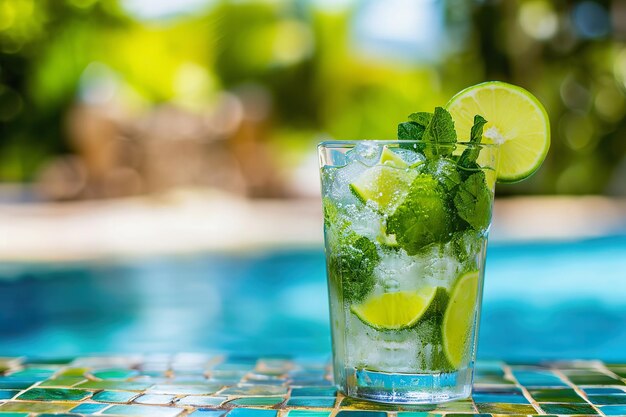 Cóctel de mojito en vaso colocado al lado de la piscina en una mesa de azulejos