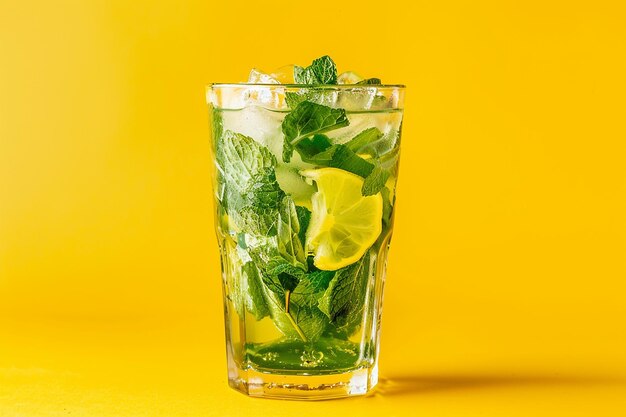 Foto cóctel de mojito en vaso sobre un fondo amarillo