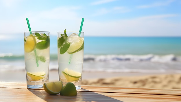 Cóctel mojito de verano con lima y menta sobre fondo blanco