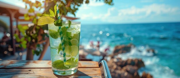 Foto el cóctel de mojito verde en una mesa de madera