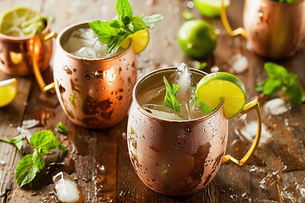 Foto cóctel de mula de moscú con lima fresca y menta en taza de cobre