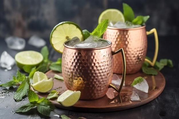 Foto cóctel de mula de moscú en una taza de cobre adornado con hojas de lima y menta fondo de piedra gris