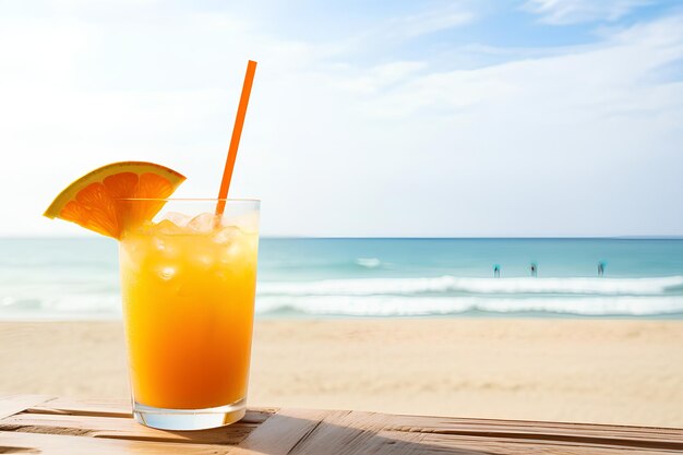 Cóctel de naranja fresco en una playa tropical con fondo marino