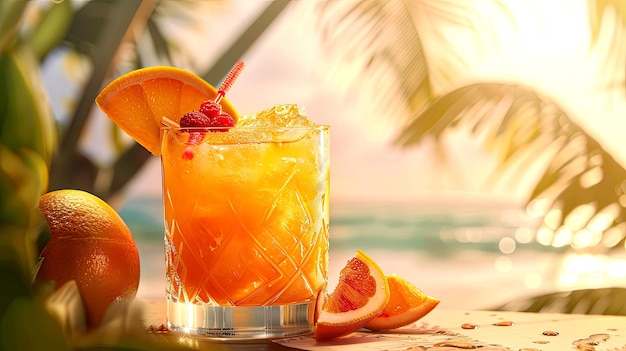 Cóctel de naranja con hielo y rebanada de narenja en una playa tropical soleada Ilustración generada por IA